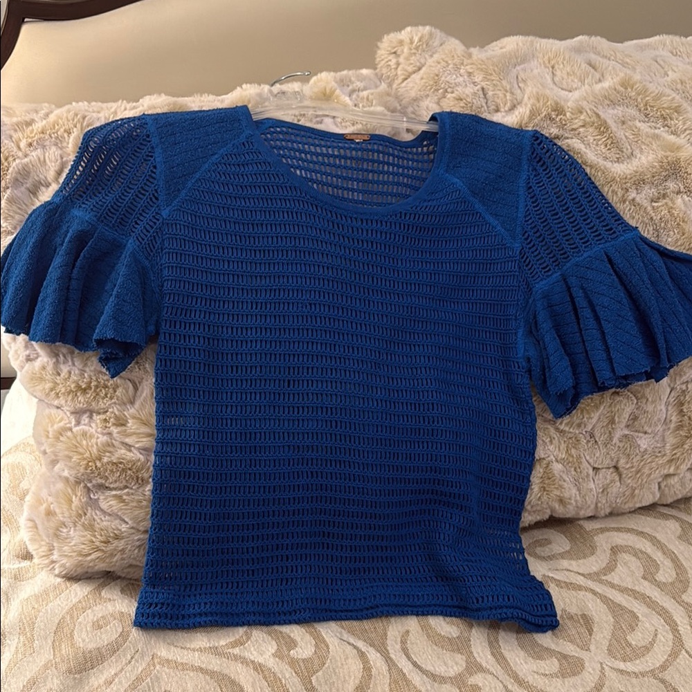 Free People Blue Puff Sleeve Ribbed Blouse